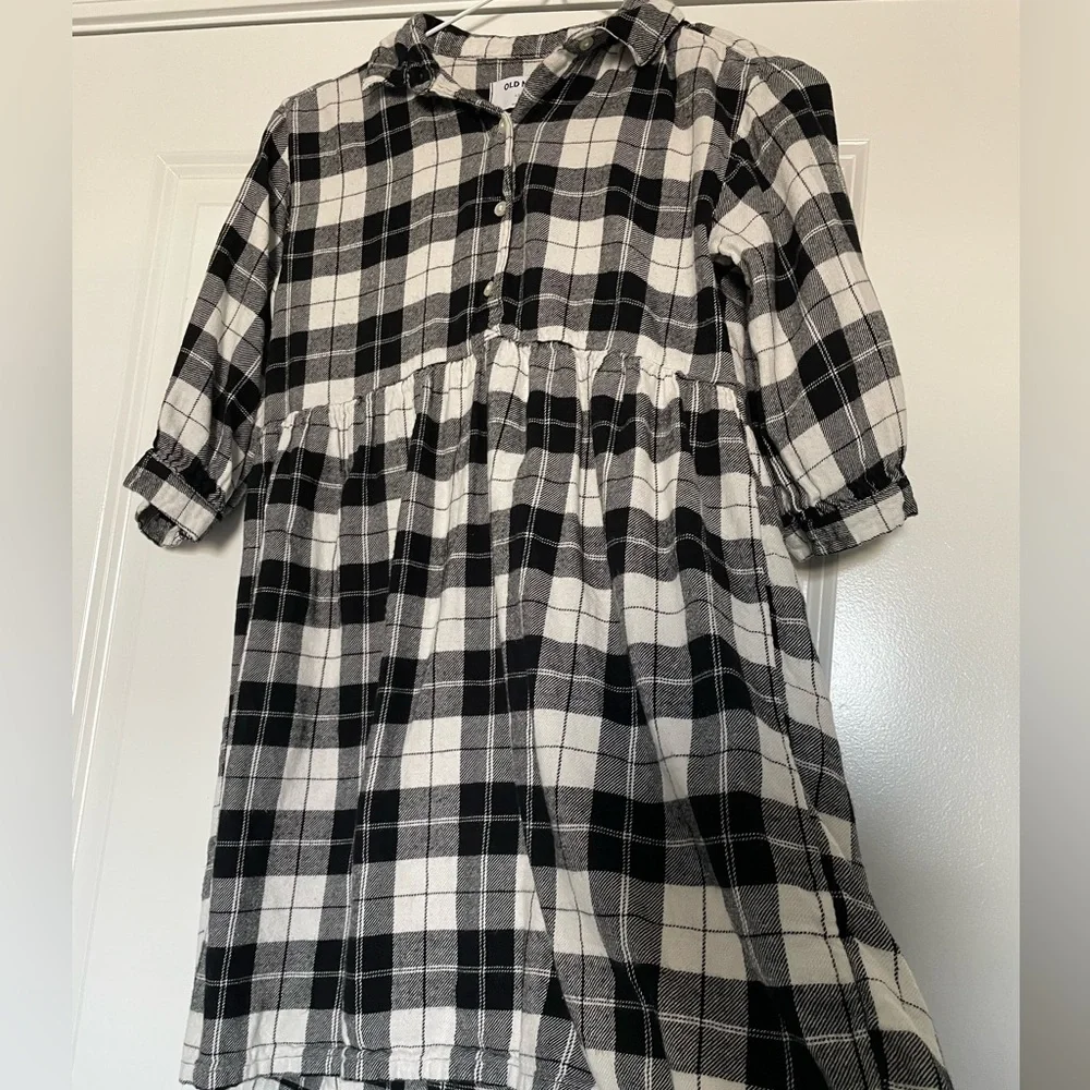 Old Navy Plaid Shirt Dress Girls L 10-12 Casual Collared Black And White